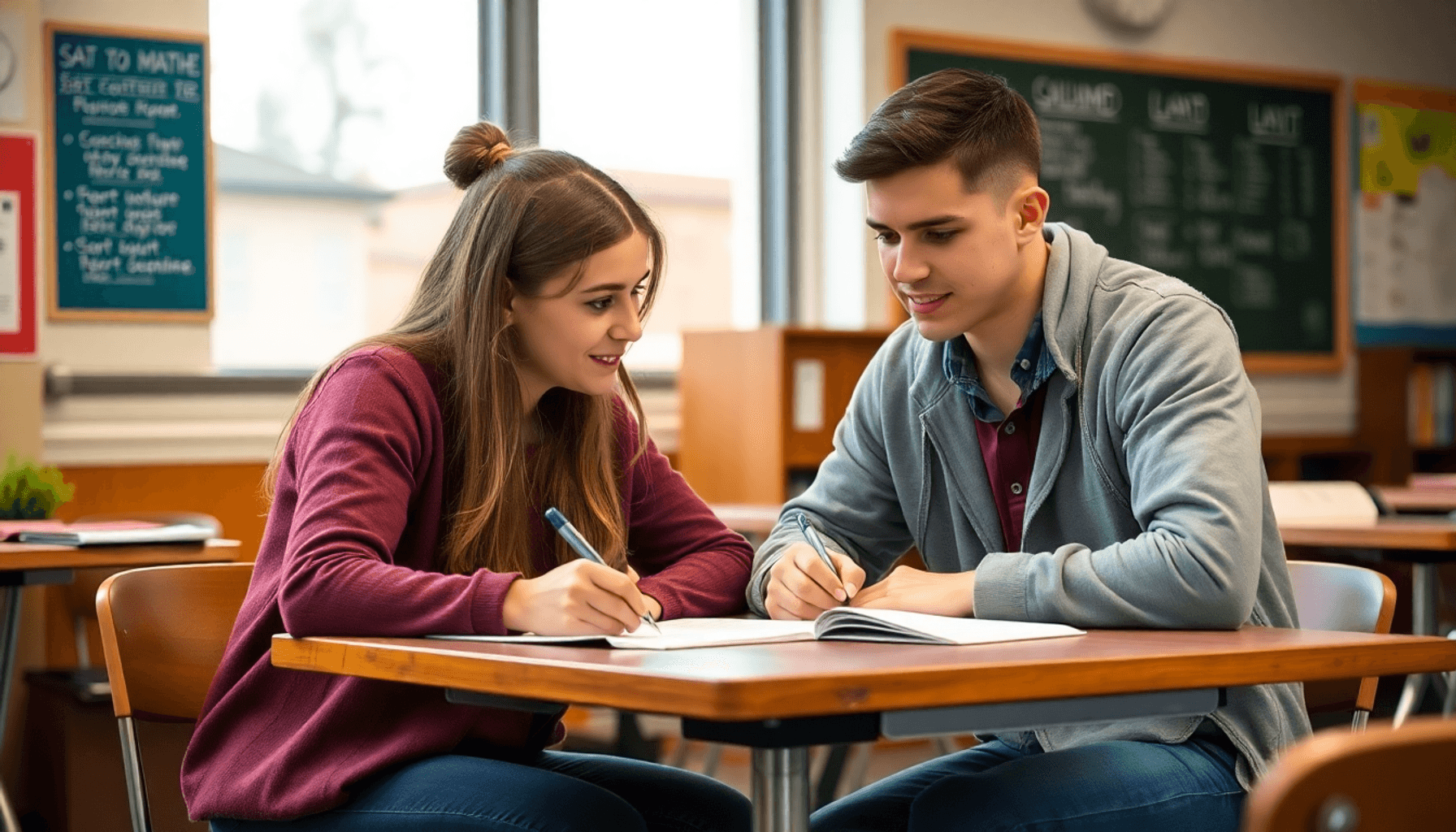 A focused student and friendly tutor studying SAT prep materials together.