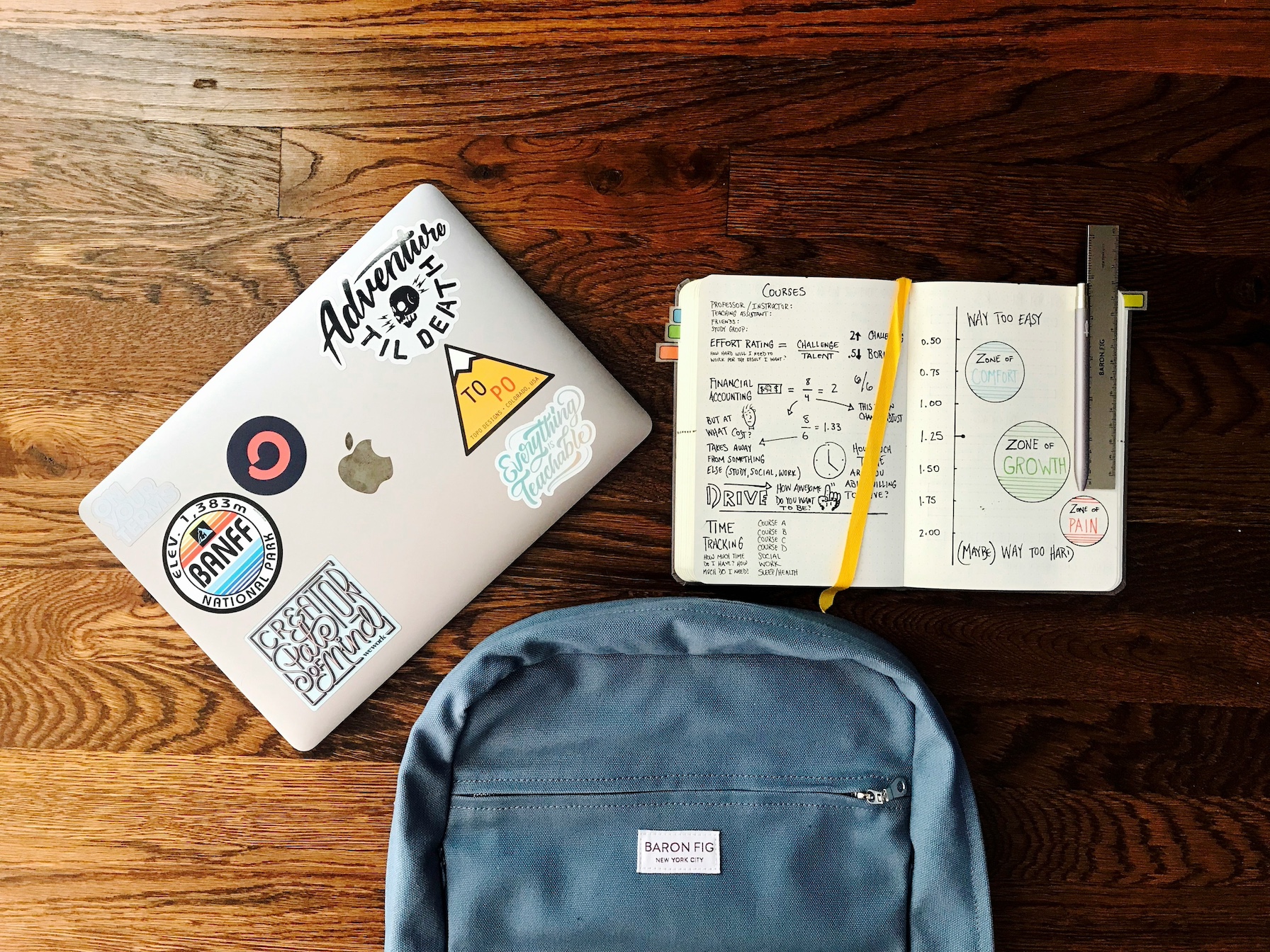 Study materials on a table with a laptop and notebook with math problems.